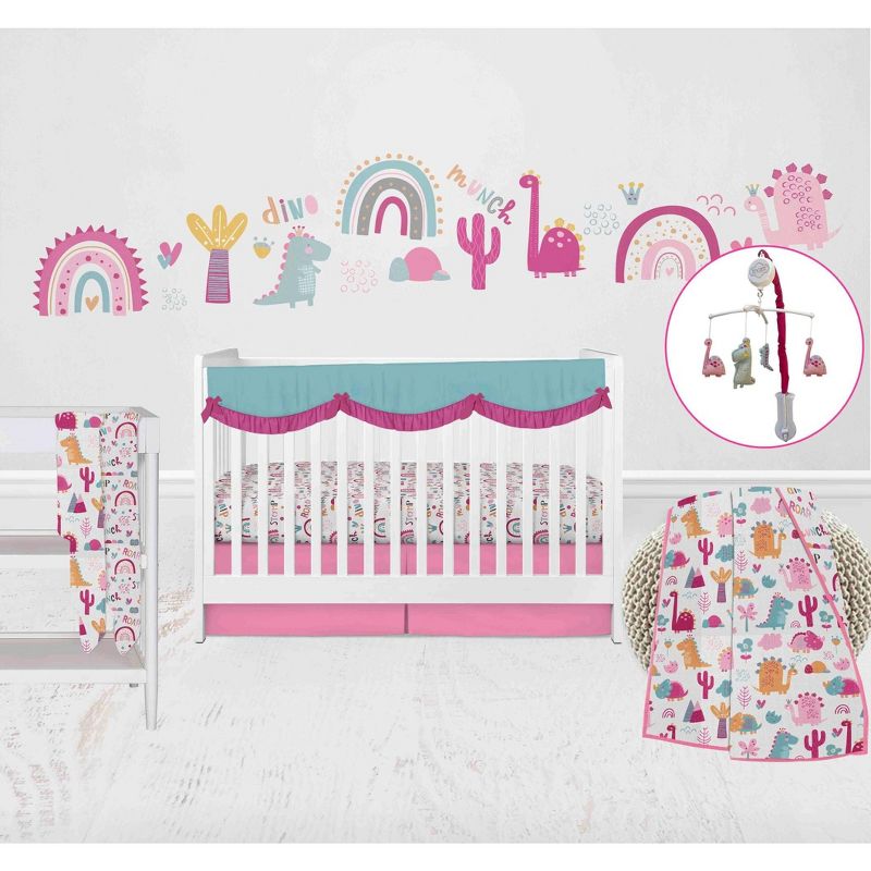 Bacati - Little Dino Girls Fuchsia/Aqua Muslin 8 pc Crib Bedding Set with 2 Swaddling Blankets, 1 of 12