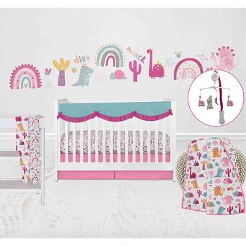 Bacati - Little Dino Girls Fuchsia/Aqua Muslin 8 pc Crib Bedding Set with 2 Swaddling Blankets