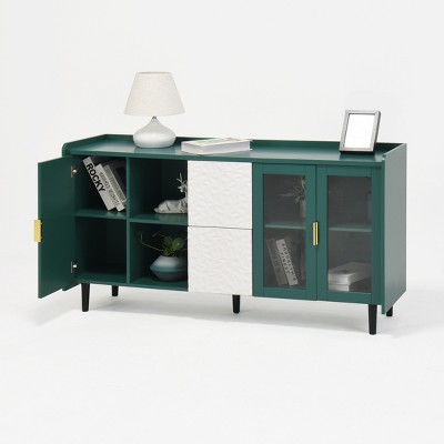 59" Modern Kitchen Coffee Bar Cabinet with 2 Glass Doors, Sideboard Buffet Cabinet with Storage, 2 Drawers & 2 Open Shelves Credenzas for Living Room