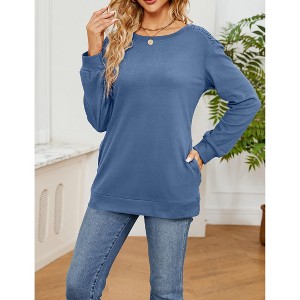Women's Long Sleeve Crewneck Pullover Tops Casual Sweatshirt with Side Pocket - 1 of 4