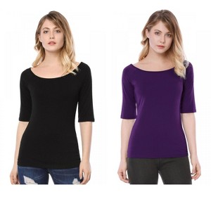 Allegra K Women's Half Sleeves Scoop Neck Fitted Layering Soft T-Shirt 2 Packs - 1 of 4