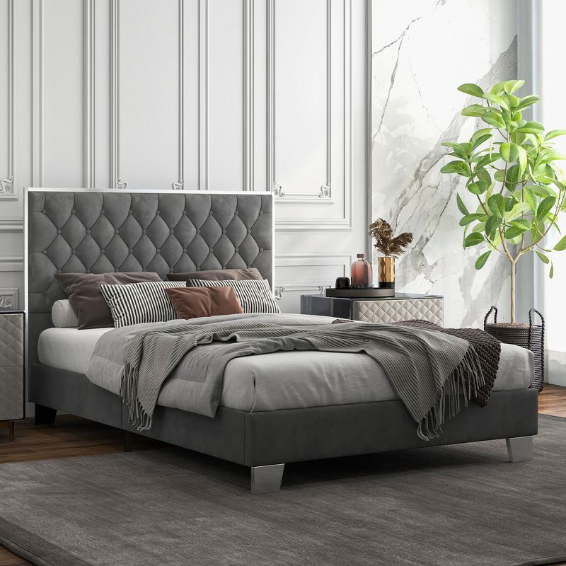 Costway  Upholstered Bed Mattress Foundation with Button Tufted Velvet Headboard, 5 of 11