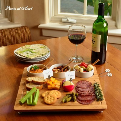 Elegant Bamboo and Ceramic 3-Bowl Serving Set with Cheese Markers
