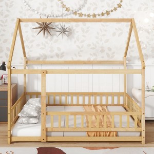 Full Size Wooden House Floor Bed with Roof Frame and Safety Guardrails for Kids Bedroom - 1 of 4