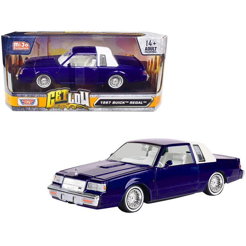 1987 Buick Regal Candy Blue Metallic w/Rear Section of Roof White & White Interior "Get Low" 1/24 Diecast Model Car by Motormax, 1 of 4