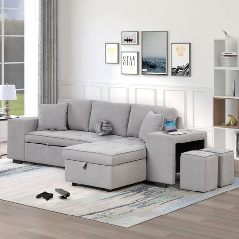 104 Pull Out Sleeper Sofa, Reversible L-Shape Sectional Couch with Storage  Chaise and 2 Stools, Gray-ModernLuxe