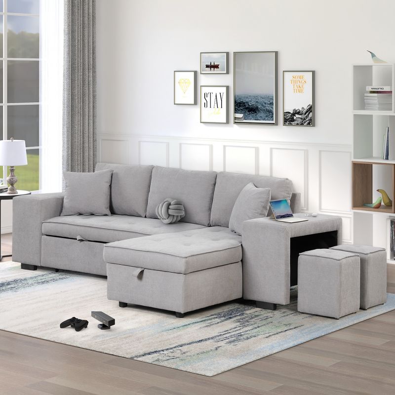 104" Pull Out Sleeper Sofa, Reversible L-Shape Sectional Couch with Storage Chaise and 2 Stools-ModernLuxe, 1 of 13