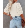 Women's Round Neck Short Sleeve Sweater Summer Casual Puff Sleeve Pullover Knit Top - 3 of 3