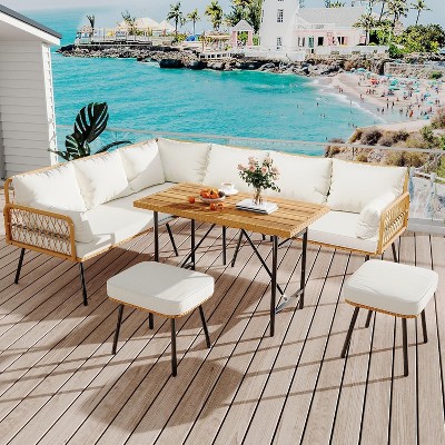 6 Pieces Outdoor Sectional L-Shaped Patio Sofa Set, Rattan Patio Conversation Set with Cushions & Wood Dining Table, for Backyard Garden Balcony Deck