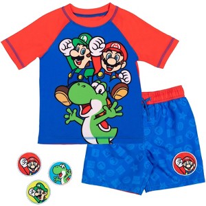 SUPER MARIO Nintendo Yoshi Luigi Mario Pullover Rash Guard and Swim Trunks with Removable Patches Outfit Set Little Kid to Big Kid - 1 of 4