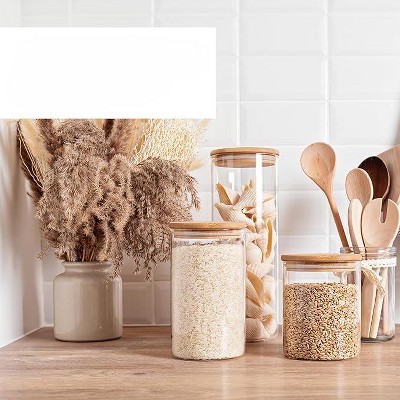 Clear Glass Food Storage Jars with Bamboo Lids, Set of 4