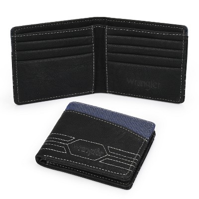 Wrangler Genuine Leather Bifold Wallet for Men with Denim Accent, 0.6" Slim Fold Casual Purse, Best Gift for Men (In Gift Box)