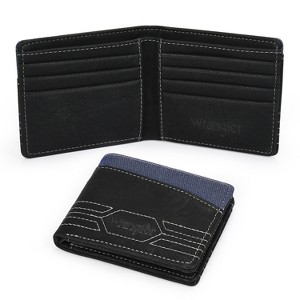 Wrangler Genuine Leather Bifold Wallet for Men with Denim Accent, 0.6" Slim Fold Casual Purse, Best Gift for Men (In Gift Box) - 1 of 4