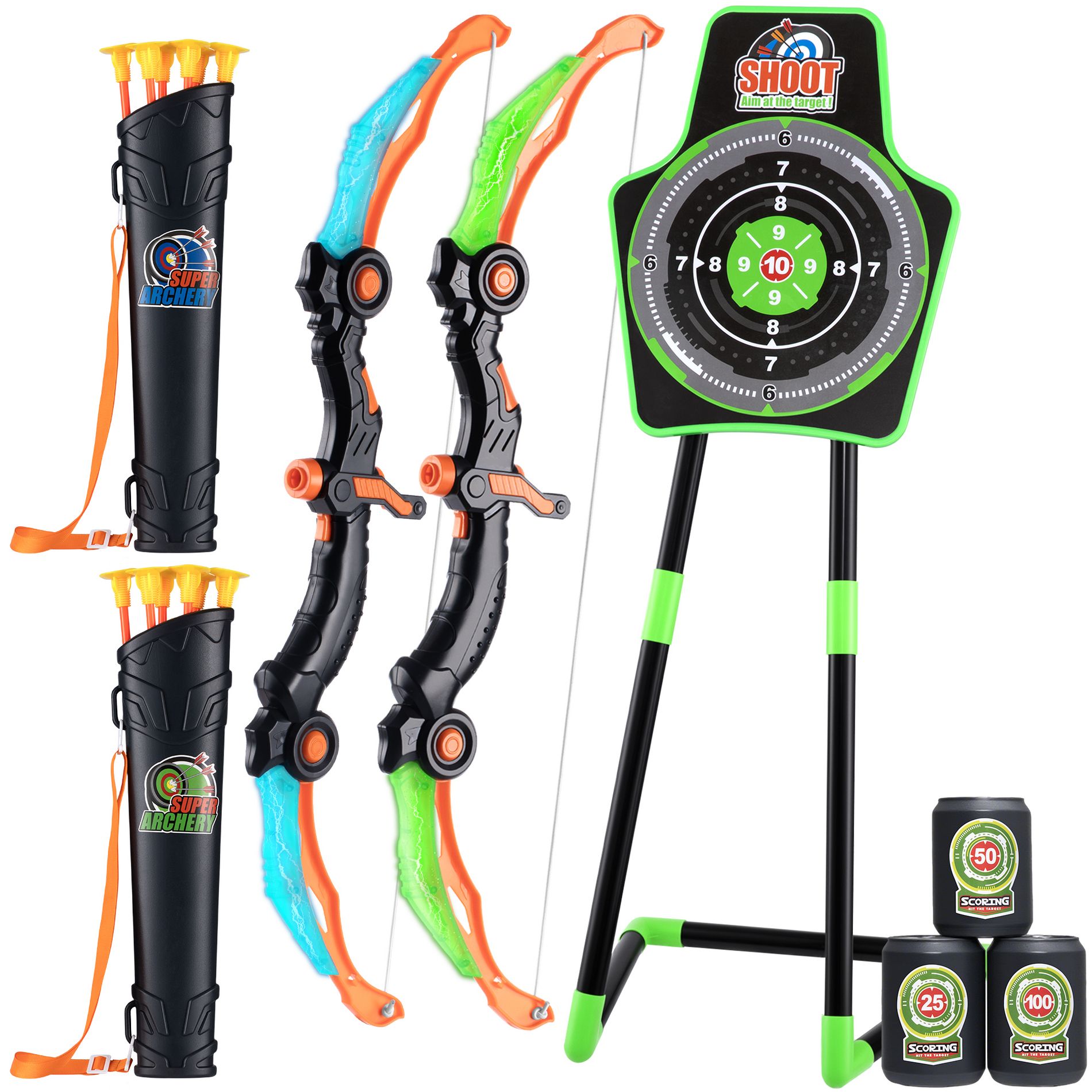 SUGIFT 2 Pack Bow and Arrow for Kids, LED Light Up Archery Set with Suction Cup Arrows, Standing Target, Score Targets & Quiver