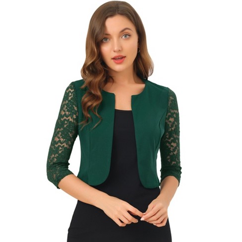 Allegra K Women's Lace Long Sleeve Shrug Cardigan Dark Green Medium ...