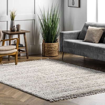 Ivory Plush Braided Tassel Shag Area Rug, 6'7" x 9'