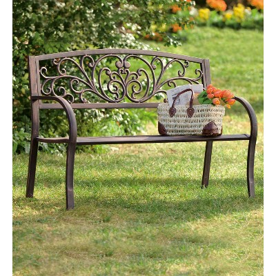 Evergreen 48" Bronze Metal Garden Bench with Floral Design