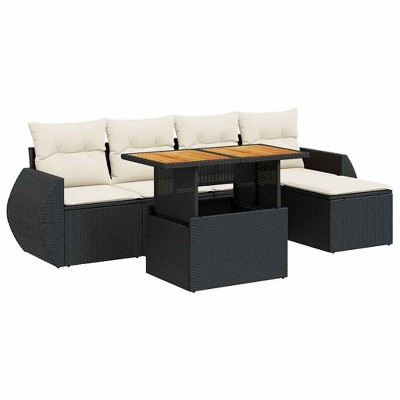 vidaXL Patio Sofa Set with Cushions Modular Sofas and Table 6 Piece Poly Rattan - Black and Cream with Storage