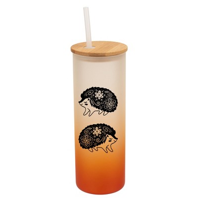 Elanze Designs Woodland Floral Hedgehog Orange Frosted Gradient Glass Tumbler with Bamboo Lid & Straw 25 ounce Reusable Iced Coffee or Water Cup,