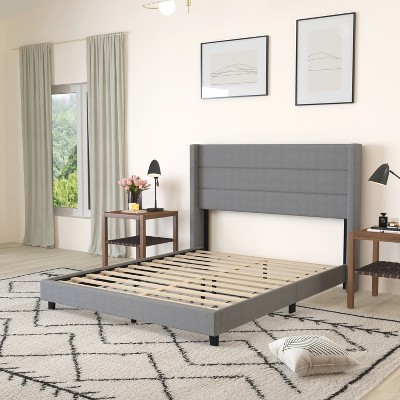Gray Linen Upholstered Queen Platform Bed with Wingback Headboard