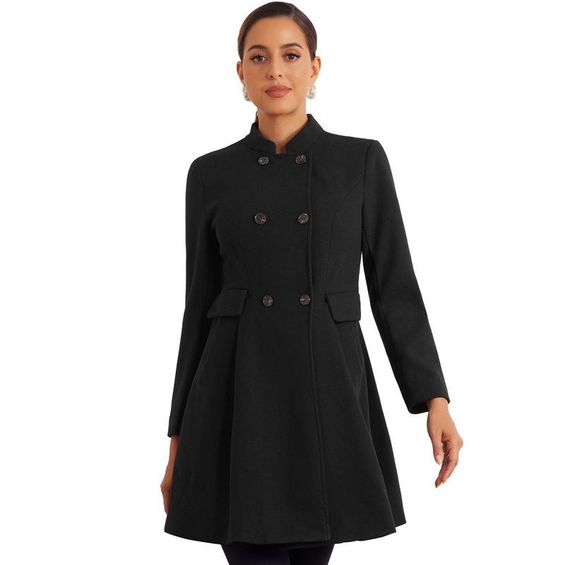 Allegra K Women's Stand Collar Double Breasted Pocket Long Sleeve Winter Coats Small Black