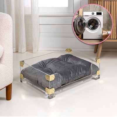Haines 21.5" x 15.25" Small/Medium Clear Acrylic and Velvet Pet Bed with Brass Accents