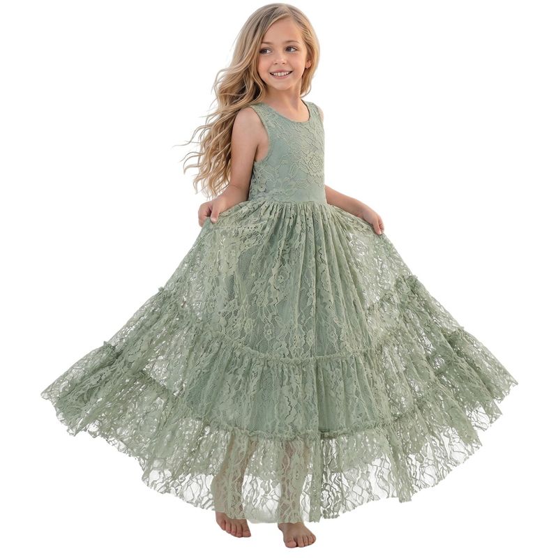 2Bunnies Girls' 2T-12yr Rose Lace All-Over Lace Zip Back Boho Garden Rustic Flower Girl Dress Sage Green 3T