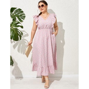 Women's Plus Size Summer Dress with Pocket Ruffle Cap Sleeveless V Neck Side Split Long Beach Maxi Dress - 1 of 4