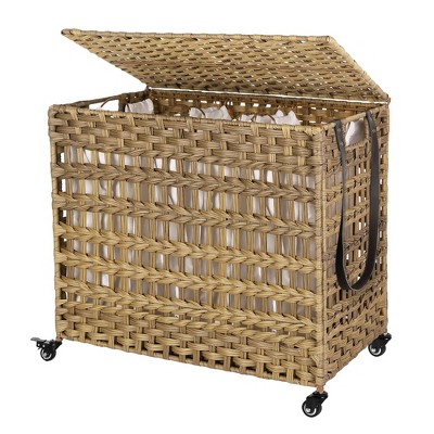SONGMICS Laundry Hamper with Lid, 140L Synthetic Rattan Laundry Basket with Wheels, Clothes Hamper with 3 Removable Liner Bags