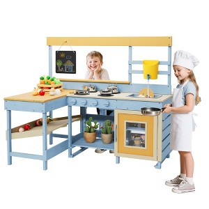 2 in 1 Outdoor Wood Mud Kitchen for Kids, Wooden Play Kitchen w/Picnic Table, Removable Sink & Faucet, Toddler Playset for for Children Ages 3+ - 1 of 4
