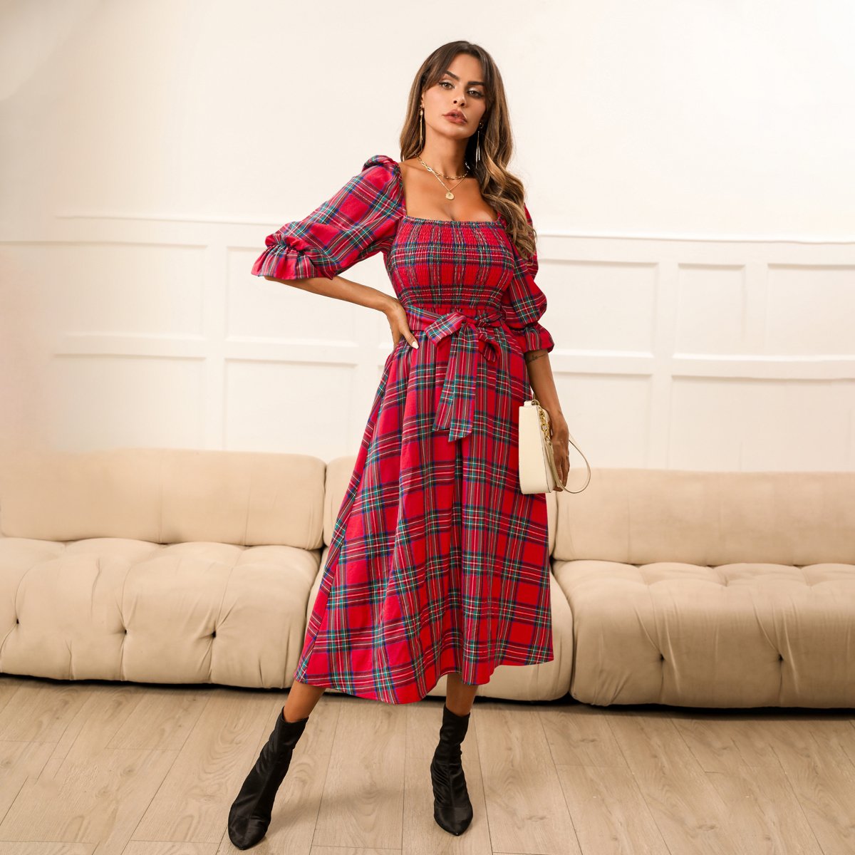 Женские платья Cupshe Women's Stunning Red Tartan Off-Shoulder Maxi Dress-L-Red — фото 4