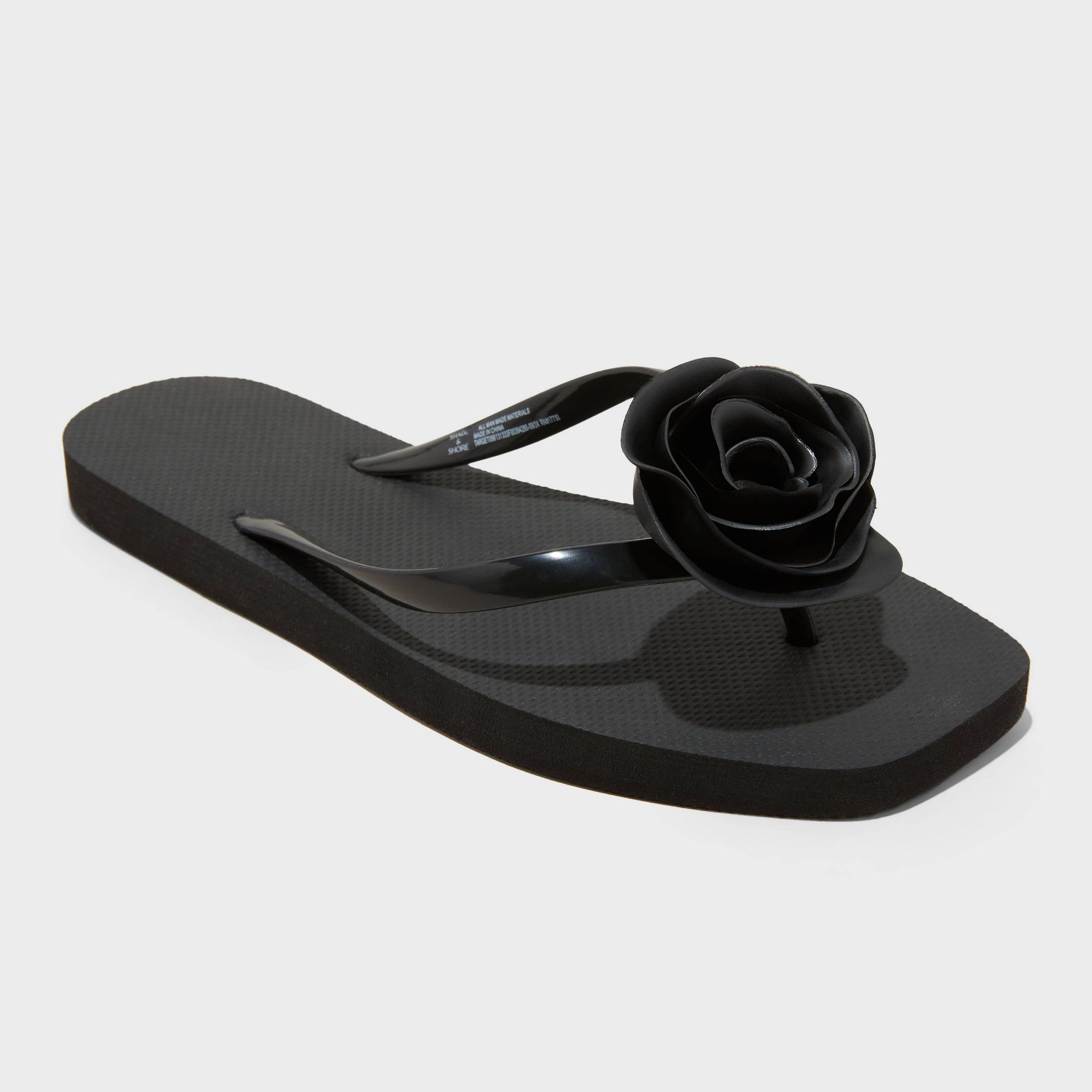 Women's Rosette Thong Flip Flop Sandals - Shade & Shore™ Black 6: Slip On, Open Square Toe, Non Marking Outsole, Medium Width