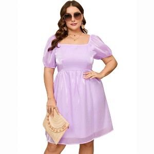 BLUEMING Women's Plus Size Tulle Dress Square Neck Puff Sleeve High Waist A Line Babydoll Mesh Hem Mini Dress - 1 of 4