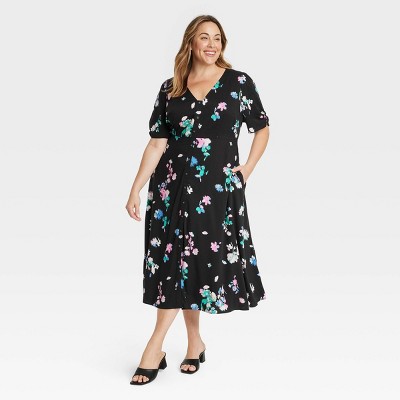 Floral Print Black Short-sleeve Belted Midi Dress for Mom and Me