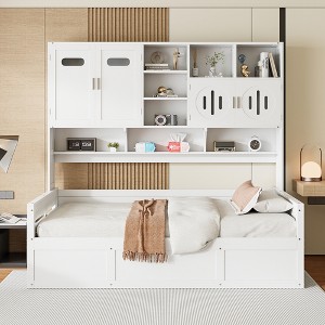 Twin/Full Size Wooden Daybed with All-in-One Storage Cabinet, Open Shelves and Under-bed Storage Space, White/Gray-ModernLuxe - 1 of 4