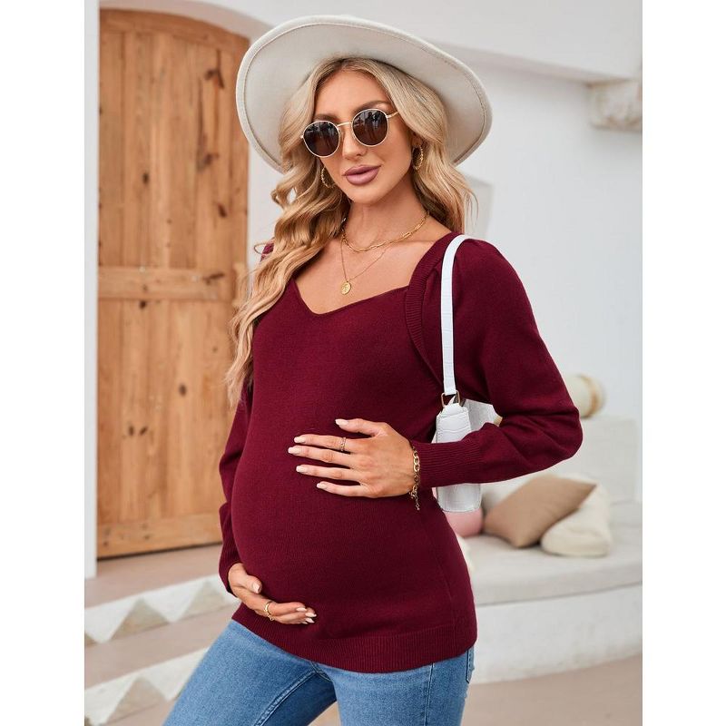 Women's Maternity Tops Casual V Neck Sweaters Puff Long Sleeve Ribbed Knit Fall Pregnancy Babydoll Pullover Sweater, 2 of 8