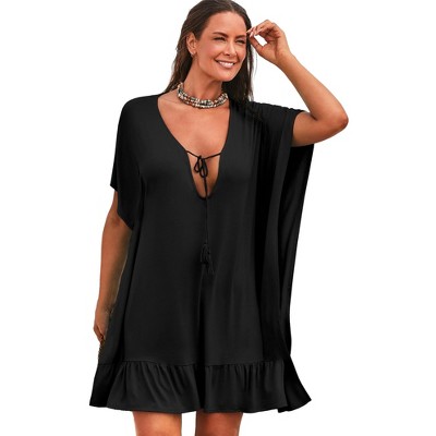 Swimsuits for All Women's Plus Size Vienna Ruffle Cover Up Tunic, 14/16 -  Black