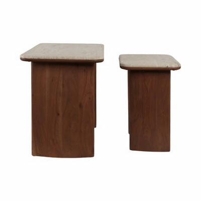Brown Travertine and Acacia Wood Nested Side Tables Set