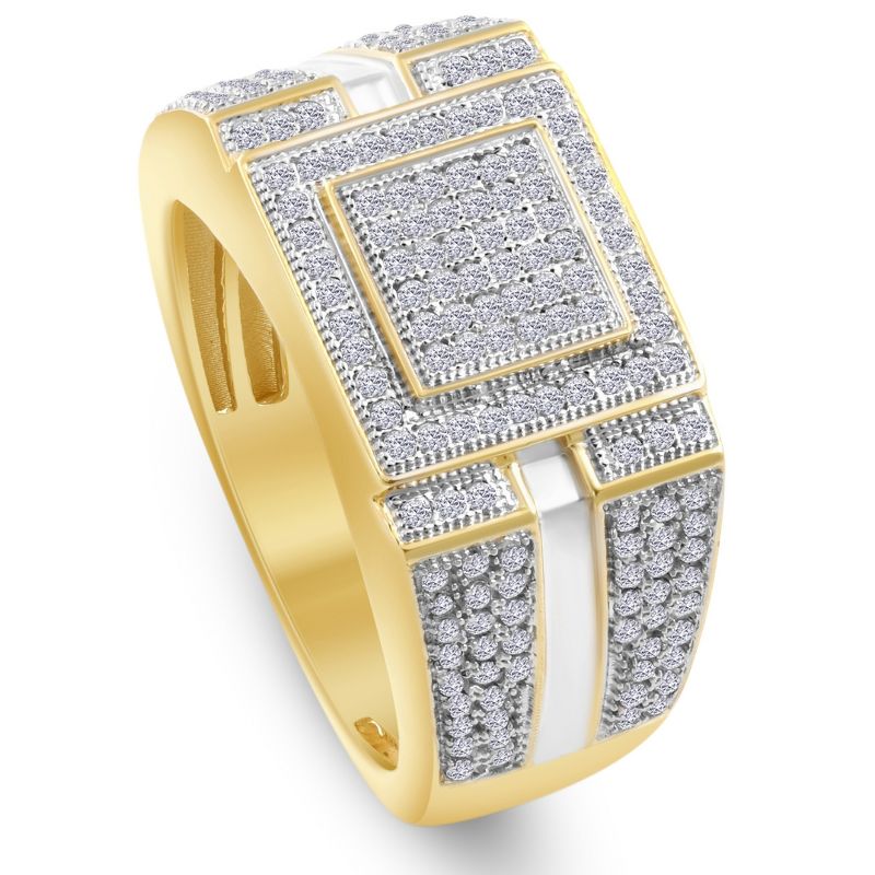 Pompeii3 Men's 1/4 CT. T.W. Diamond Micro Cluster Square Stepped Ring in 10K Yellow Gold, 2 of 6