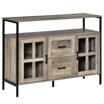 HOMCOM Rustic Kitchen Sideboard, Serving Buffet Storage Cabinet with Adjustable Shelves, Glass Doors, and 2 Drawers for Living Room