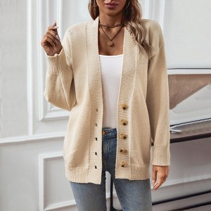 Women Cardigan Long Sleeve Single Button V Neck Cardigan Sweater Coat - 1 of 4
