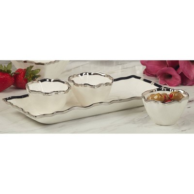 White and Silver Ceramic Serving Tray with Condiment Bowls