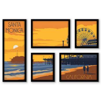 Americanflat Santa Monica Pier 5 Piece Grid Wall Art Room Decor Set - Vintage coastal Modern Home Decor Wall Prints