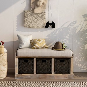 Okak Rustic Storage Ottoman Bench with Soft Removable Cushion Storage Footrest Stool Shoe Bench with 3 Removable Rattan Basket for Entryway, Beige - 1 of 4