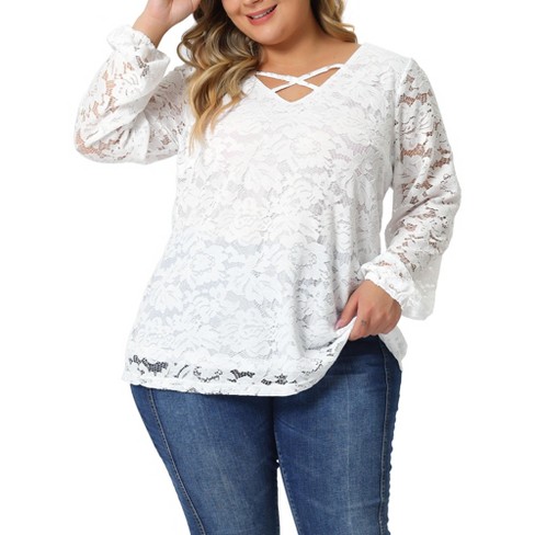 Agnes Orinda Women's Plus Size Lace Sheer Long Sleeve Layer Cross Elastic  Cuff V Neck Blouse White 1X