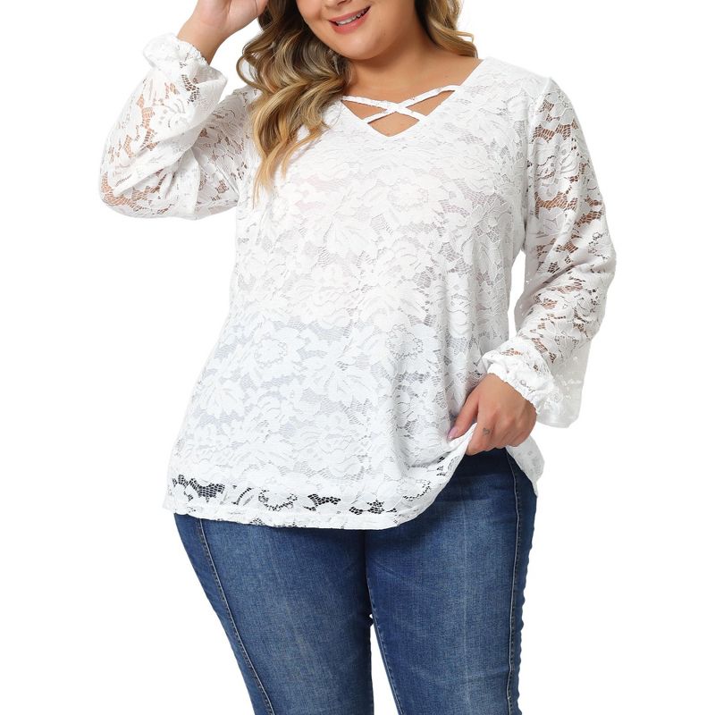 Agnes Orinda Women's Plus Size Lace Sheer Long Sleeve Layer Cross Elastic Cuff V Neck Blouses, 2 of 6