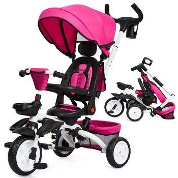 Whizmax 7-in-1 Folding Toddler Tricycle w/Removable Adjustable Push Handle, Canopy, Rotatable Seat, Safety Harness, Cup Holder & Storage