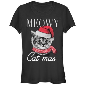 Juniors Womens Lost Gods Christmas Cat Meowy Catmas T-Shirt - 1 of 3