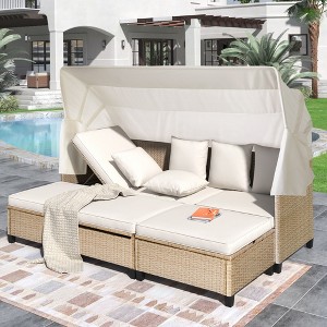 4-Piece UV-Resistant Resin Wicker Patio Set with Canopy, Cushions & Table – Compact for Small Spaces - Beige - 1 of 4