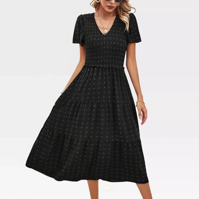 Womens Maxi Shirred Dress with Tiny Floral Embroidery V Neck Empire Waist Vintage Dress Flutter Short Sleeve Tiered Dress Elegant